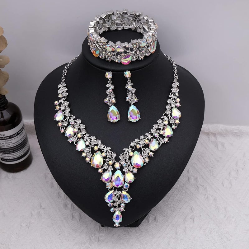 CSY Elegant Crystal Costume Jewelry Sets Flower Bridal Necklace Earrings Stretch Bangle Set for Bride Bridesmaid Wedding Dress Accessories - Image 3
